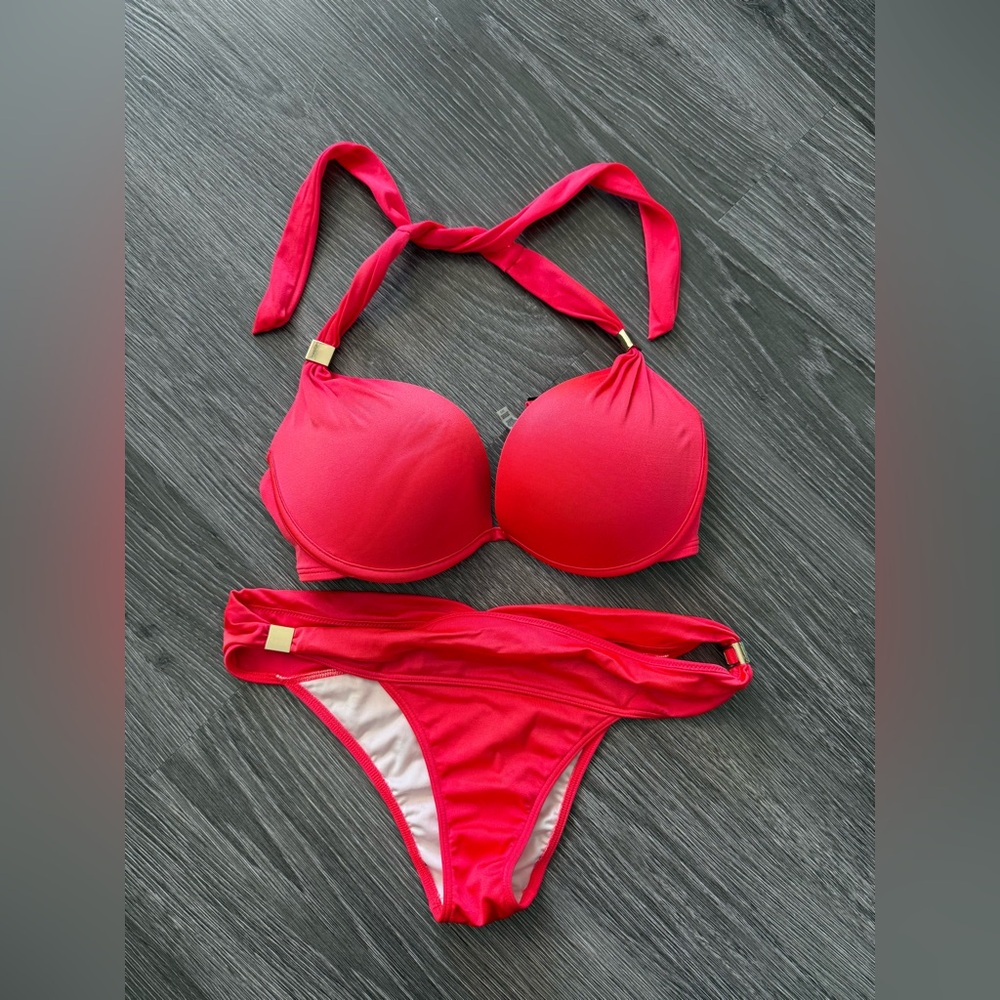 Victoria Secret 2 piece bikini. Neon Pink/red. Size 34 D push-up